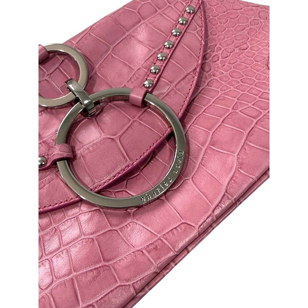 Vintage Y2K Style Pink Leather Croc Embossed Baguette Small Mini Shoulder Bag - Picture 3 of 10